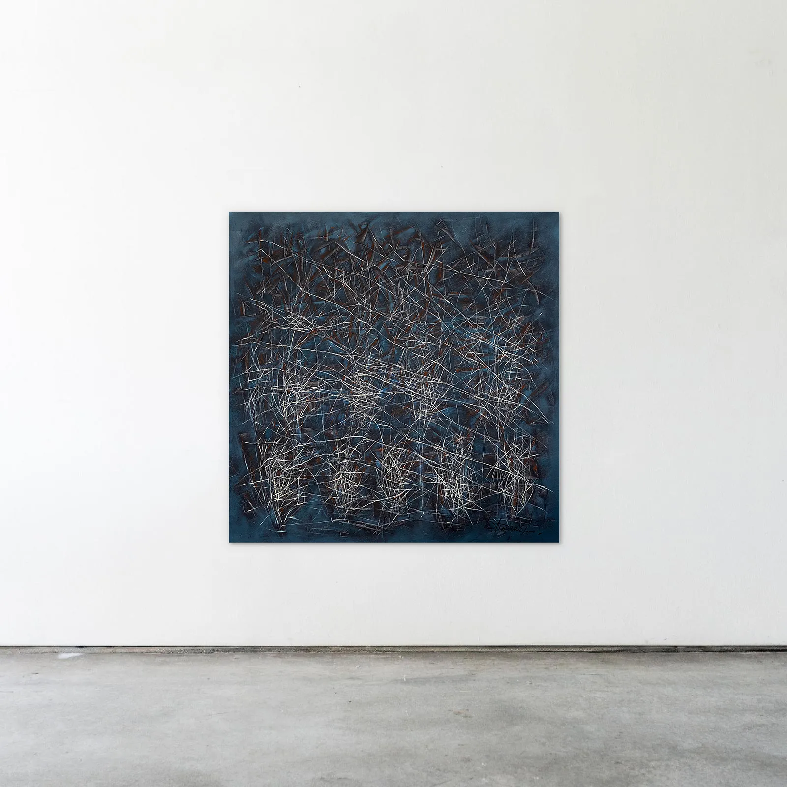 Image of The reed by Liudmyla Davydenko, size: 140x140, made of oil/canvas, Painting medium, part of the Isolines series, priced at €3000 Photo 2 of 2.